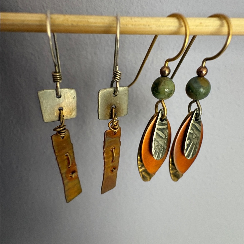 Set of Two Pair Pierced Mixed-Metal Earrings with Bronzetones